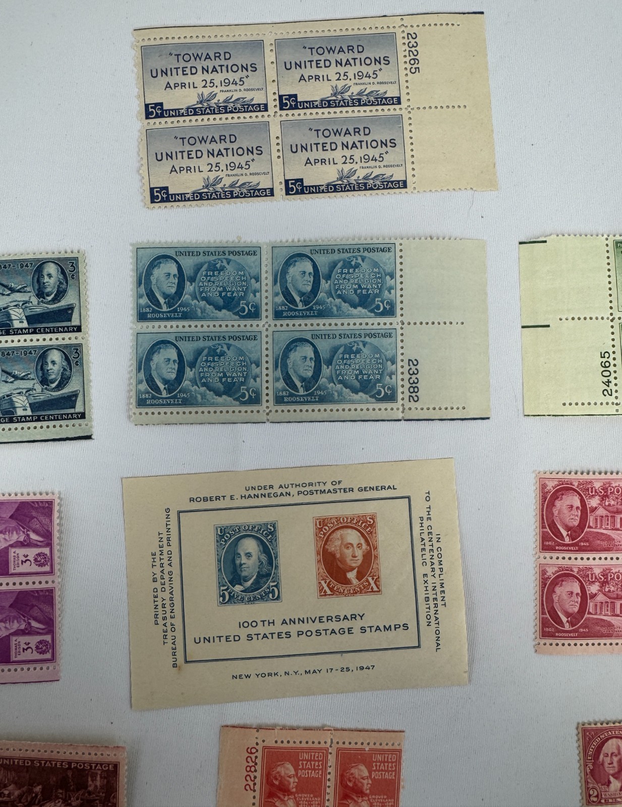 Vintage Mint US Plate Blocks and Souvenir Sheet Collection 1945-1949 Roosevelt