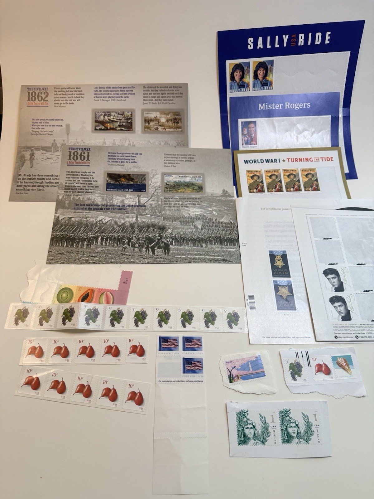 Mixed Lot 68, 2011-2019 US Stamps Civil War Fruit Sally Ride Elvis WW1 Mr.Rogers