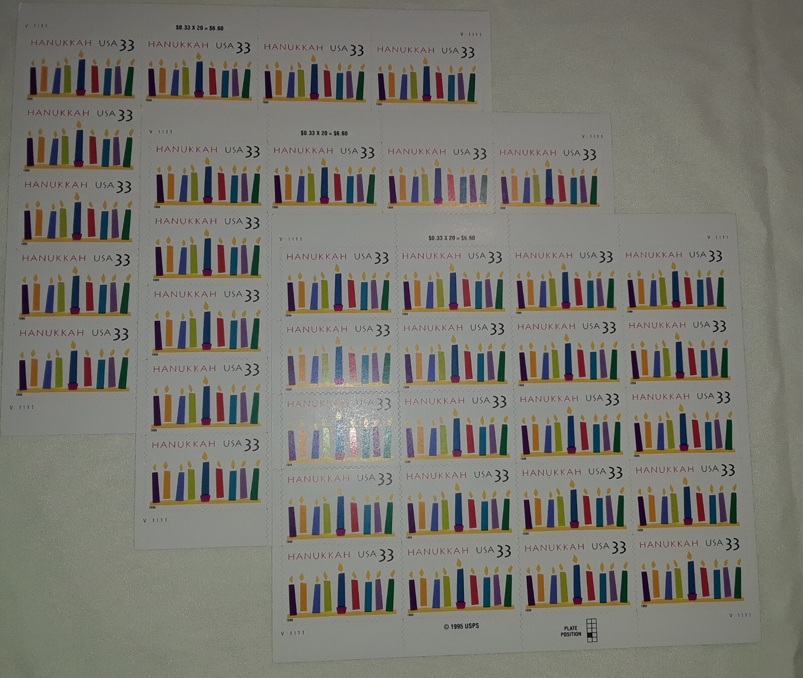 Three Panes x 20 = 60 of HANUKKAH 33¢ Jewish candles US Postage Stamps. USA 3352
