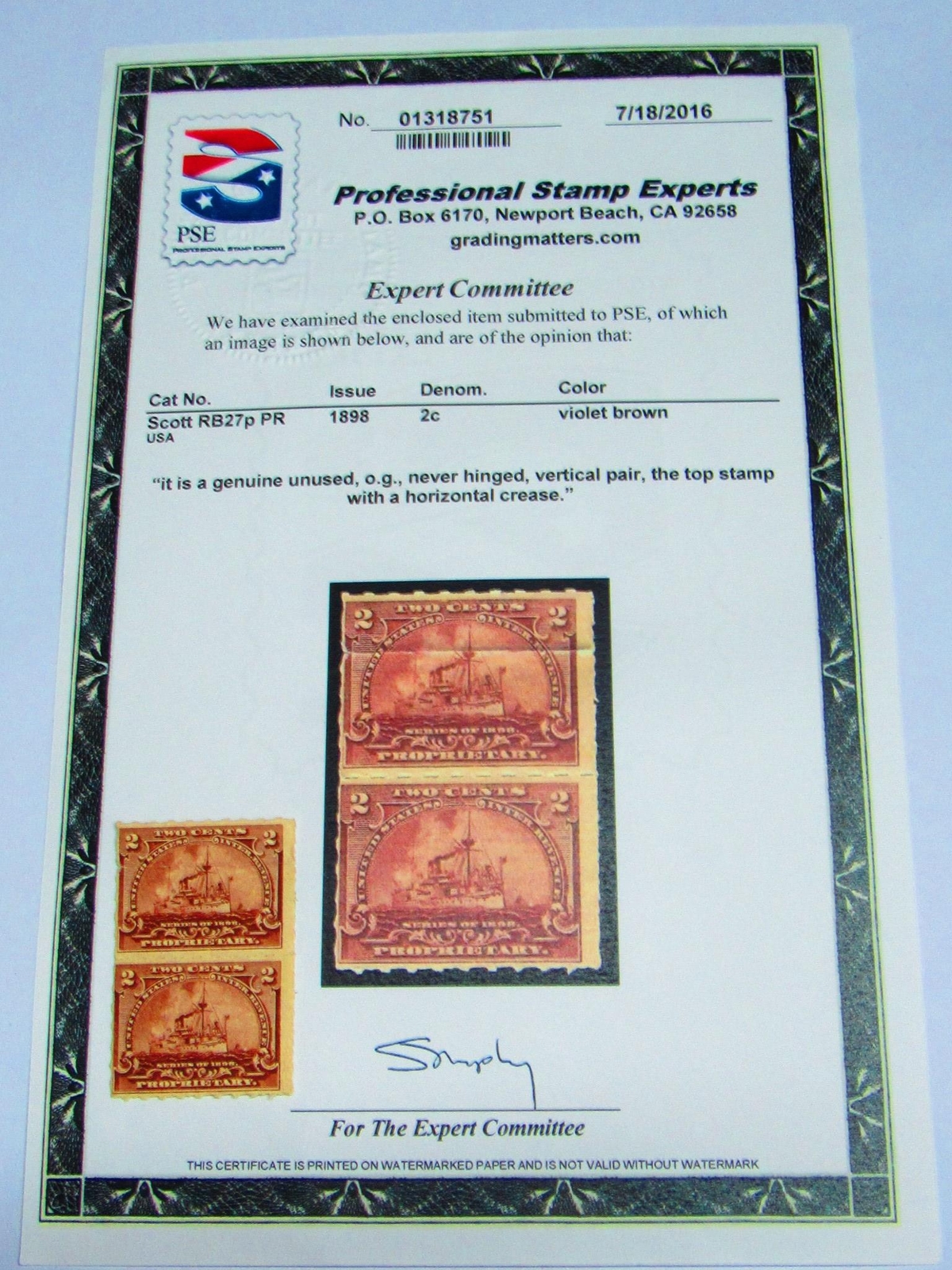 COLLECTIBLE PSE Certified Stamp! Series of 1898 U.S. POSTAGE 2¢ Stamp STP-109-IB