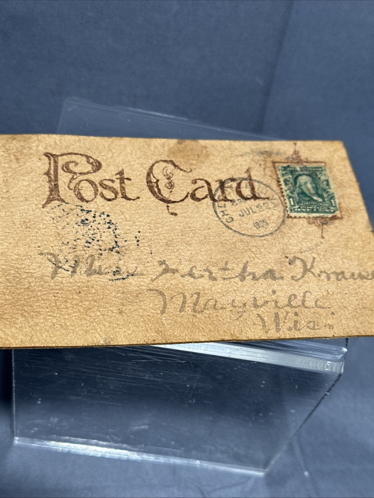 1905 LEATHER POST CARD, 1908 BENJAMIN FRANKLIN ONE CENT STAMP