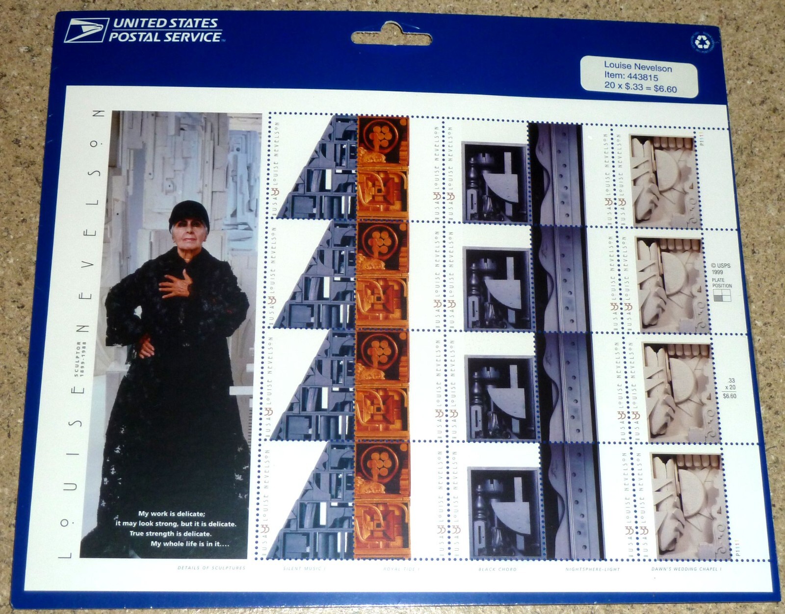 USPS Sealed Sheet of 20 Louise Nevelson 33¢ Stamps USA Scott 3379-83 Mint