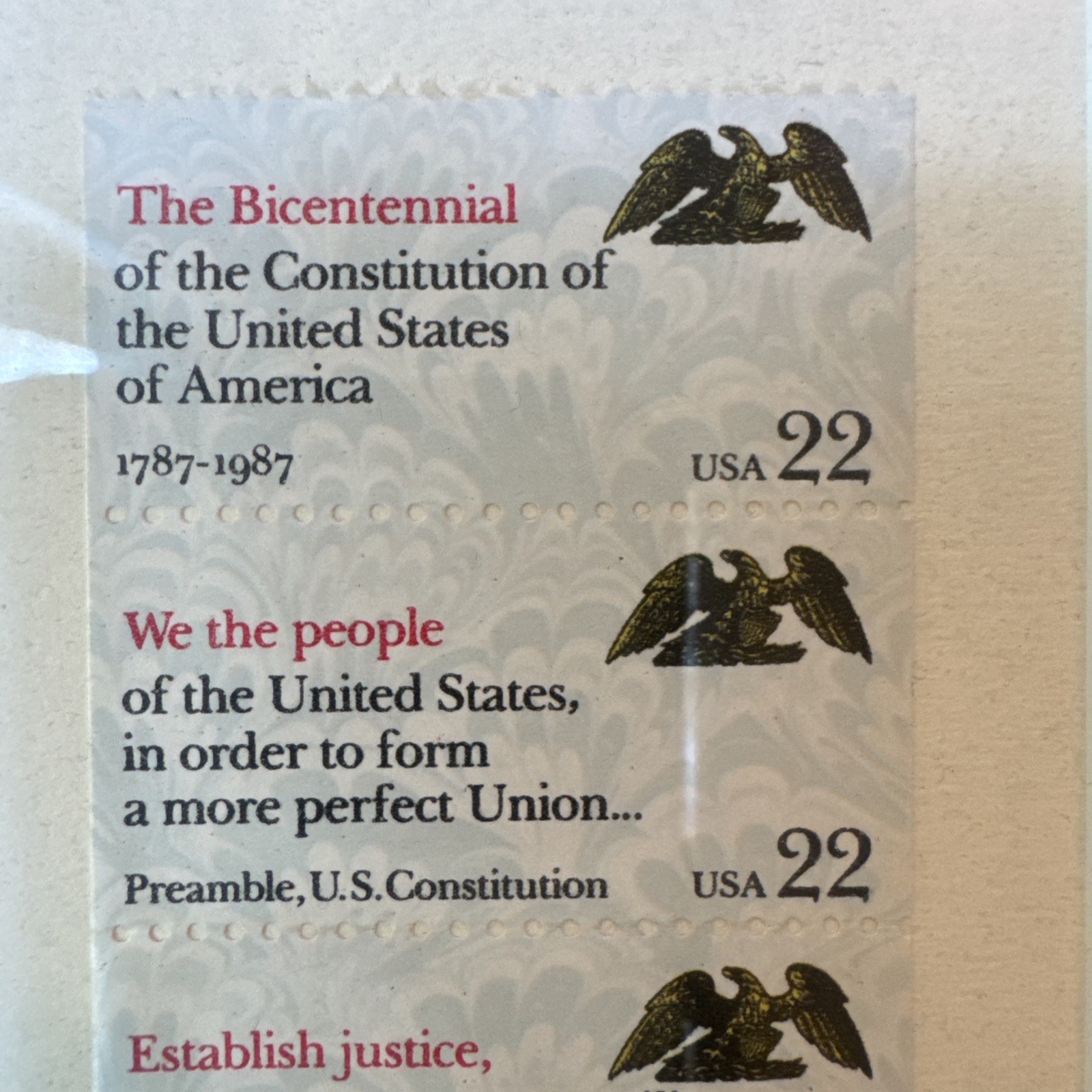1987 US Constitution Bicentennial Framed 22¢ Stamp Strip Matted Display 6×9