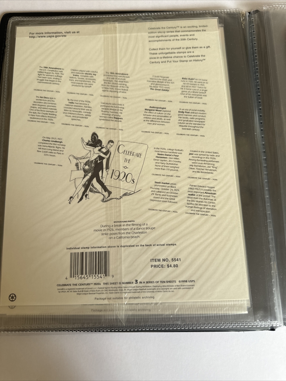 Celebrate the Century USPS Stamps 1900s-1990s In Binder USPS 10 Page Set