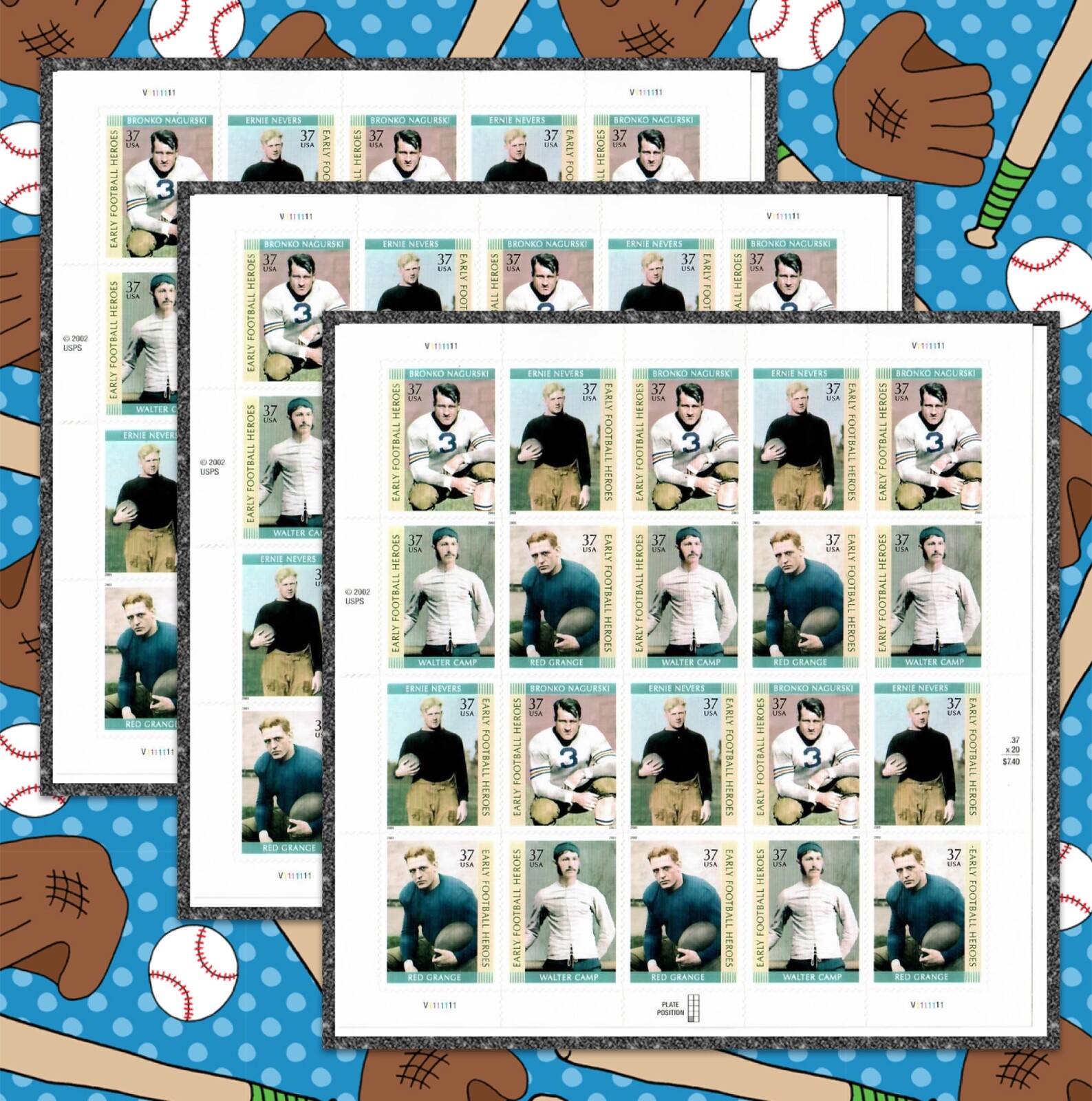 SCOTT #3808-3811 EARLY FOOTBALL HEROES 37¢ – 3 Sheets x 20 = 60 STAMPS FV$22.20