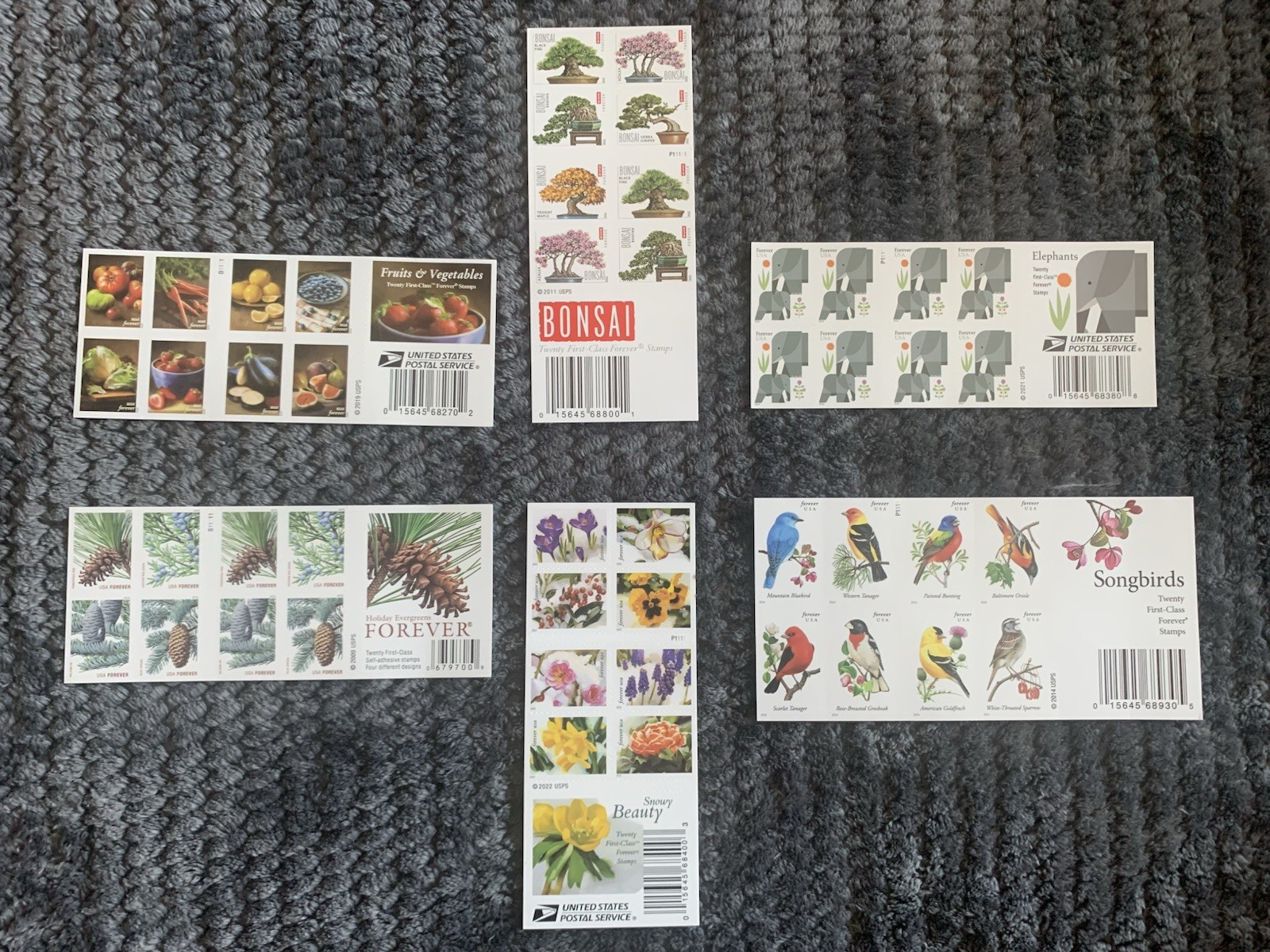 120 Forever Stamps USPS 6 Books Elephant, Fruit, Pinecones, Birds, Flowers