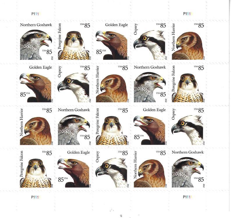 US SCOTT 4608 – 4612a PANE OF 20 BIRDS OF PREY STAMPS 85 CENT MNH