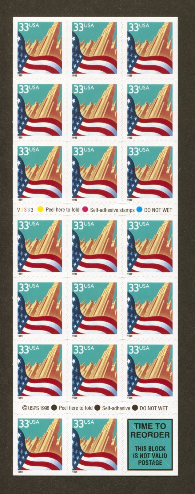 U.S. Scott# 3278e, 1999 Flag and City Issue, Booklet Pane of 20, SCV: $17.00