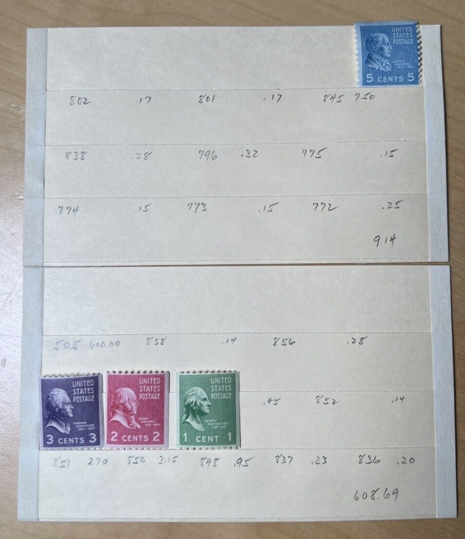 4 Stamps US Postage Scott #845, 848, 850, & 851 Carded Various Denominations