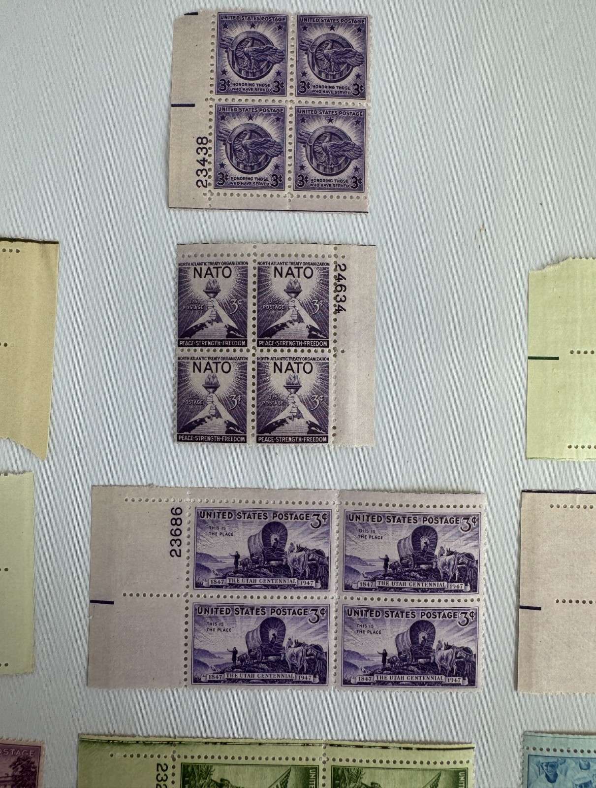 13 Different U.S. Commemorative Plate Blocks of 4 1944–1952 WWII Patriotism