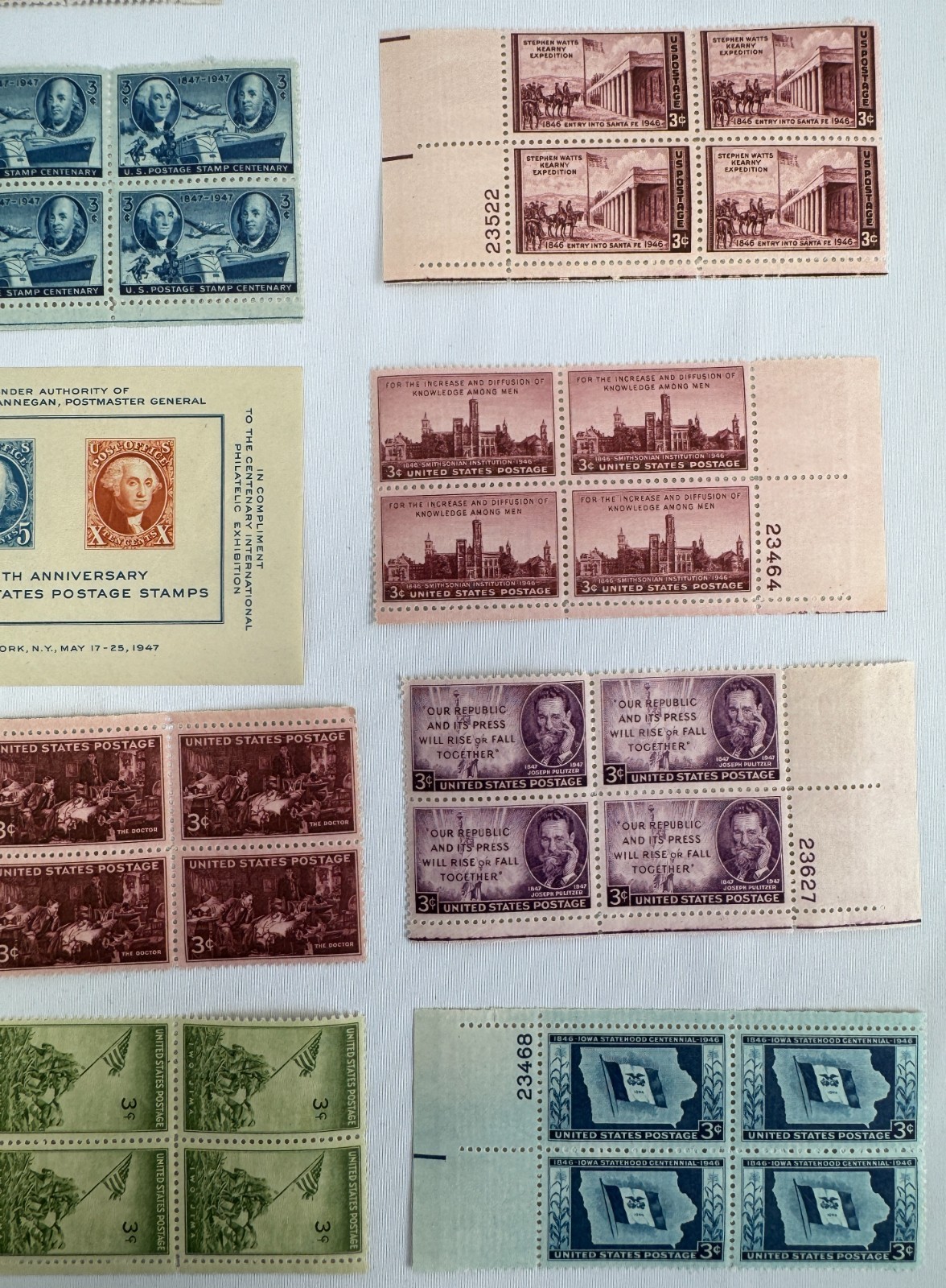 13 Mint US Commemorative Plate Blocks and CIPEX Souvenir Sheet 1946-1949
