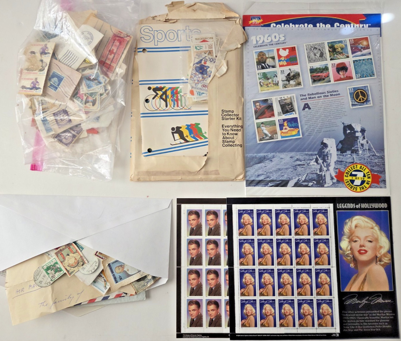 Vtg US Stamps & Foreign Loose Stamps Lot & Unused Sheets MNH 1960s Cagney Monroe
