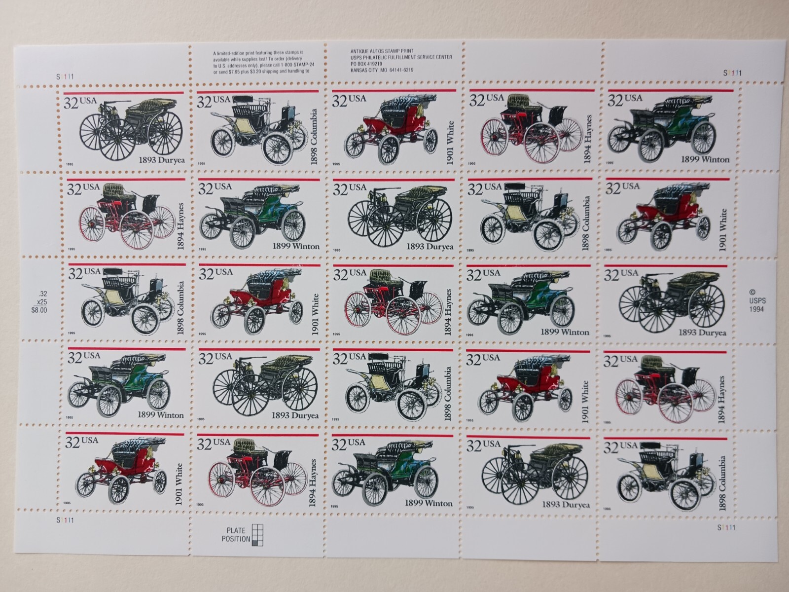 ANTIQUE AUTOMOBILES SHEET OF 25 STAMPS 32 CENT Scott#3019-3023