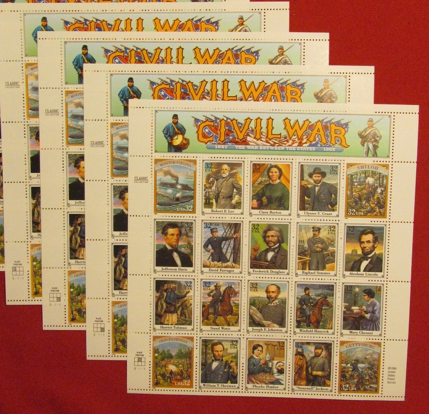 Four Sheets x 20 = 80 of American CIVIL WAR 32¢ US USA Postage Stamps. Sc # 2975
