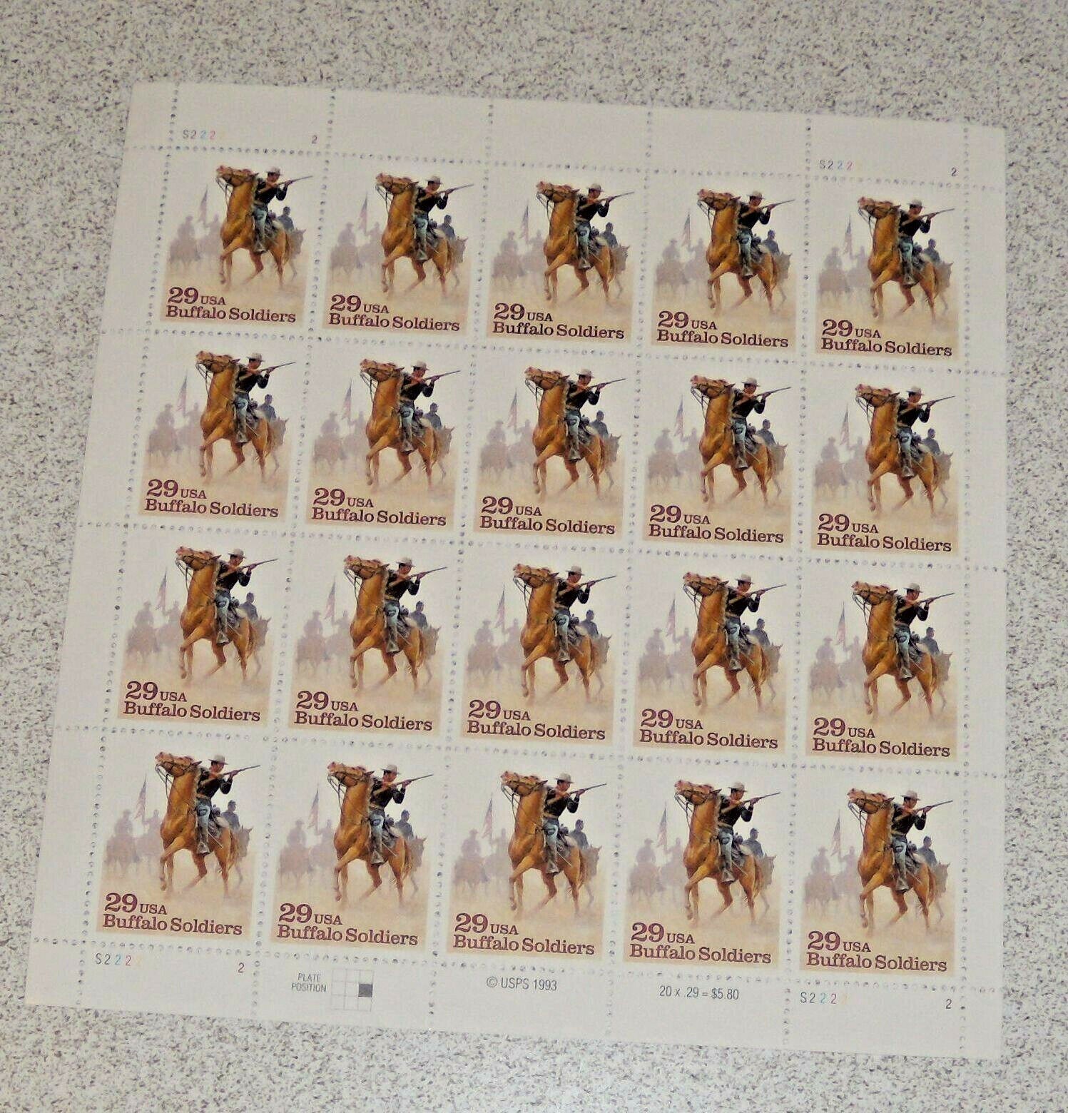 Three Sheets = 60 of BUFFALO SOLDIERS 29¢ US 1994 Postage Stamps. USA Sc # 2818