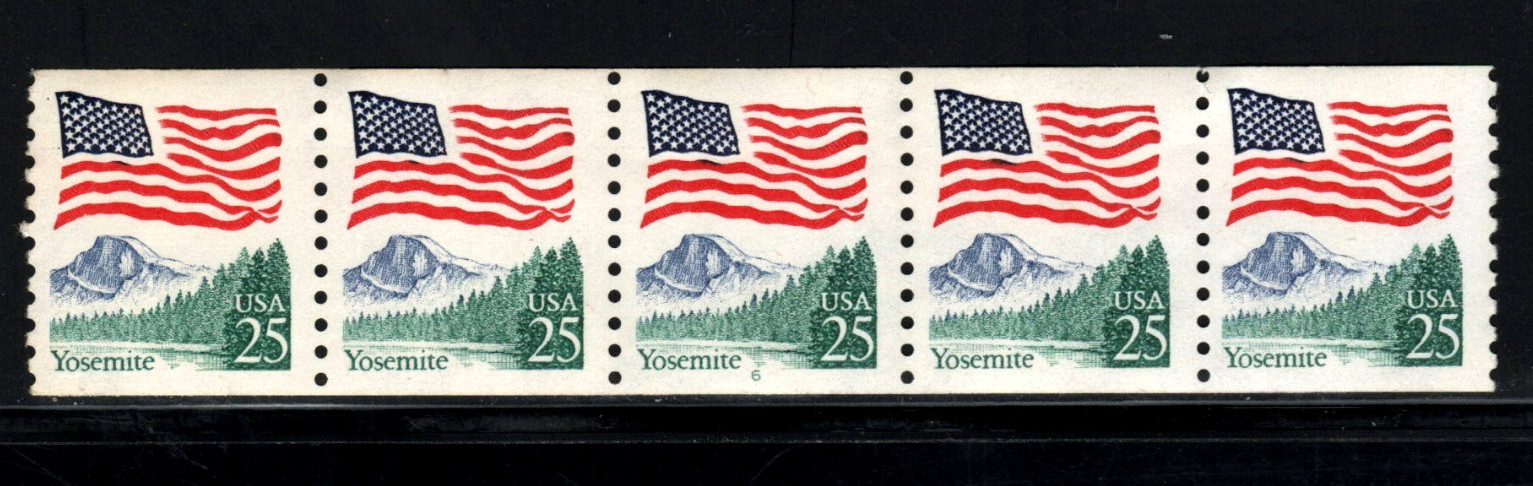 US Stamps – 25¢ Flag/Yosemite Park – Plate #5 Coil Strip of 5 MNH stamp SC#2280