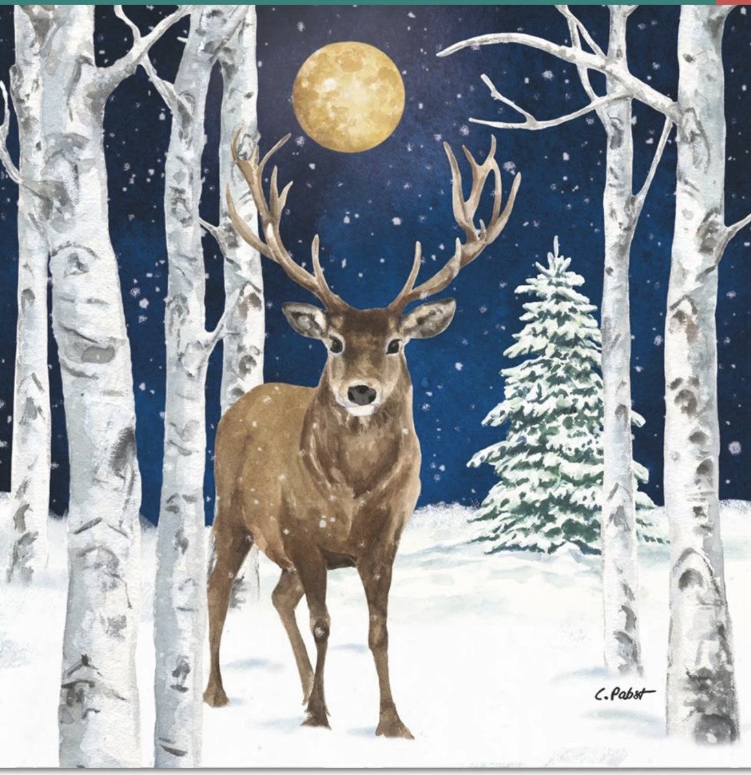 TWO Paper LUNCHEON Decoupage 6.5” Craft Napkins Glowing Moon Deer Snow Trees