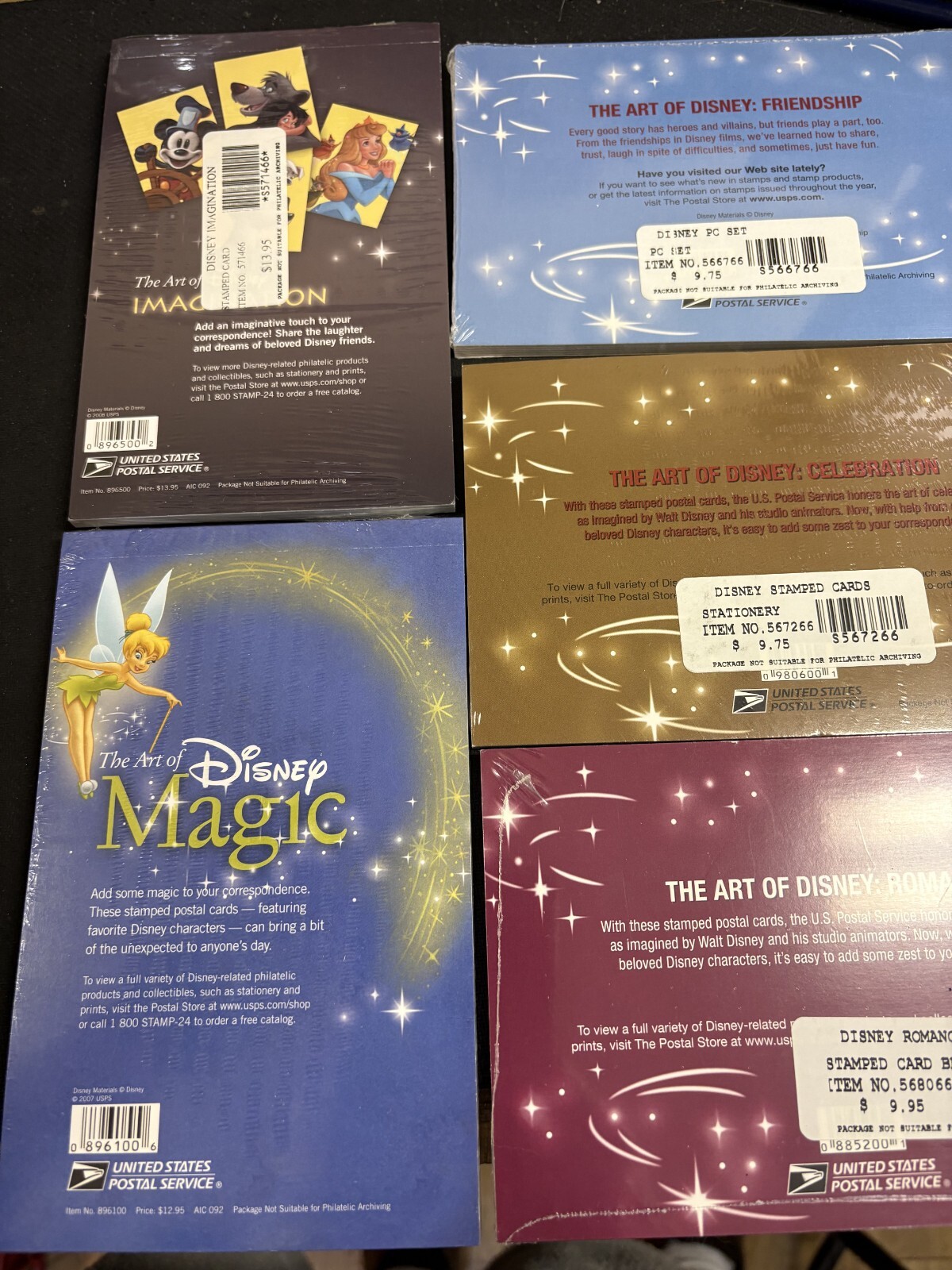 US Stamped Postal Cards ART OF DISNEY ROMANCE , MAGIC, CELEBRATION, + 2SEALED