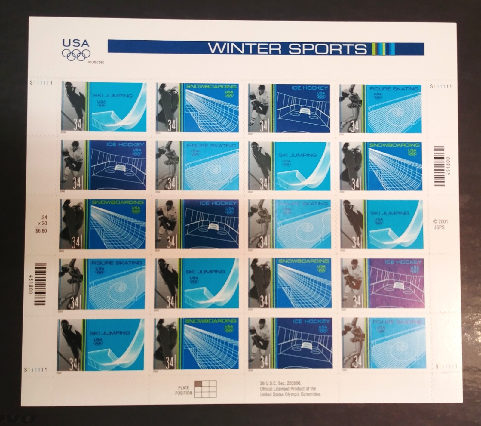 34 cent stamps 2002 Olympic Winter Sports sheet of 20 MNH