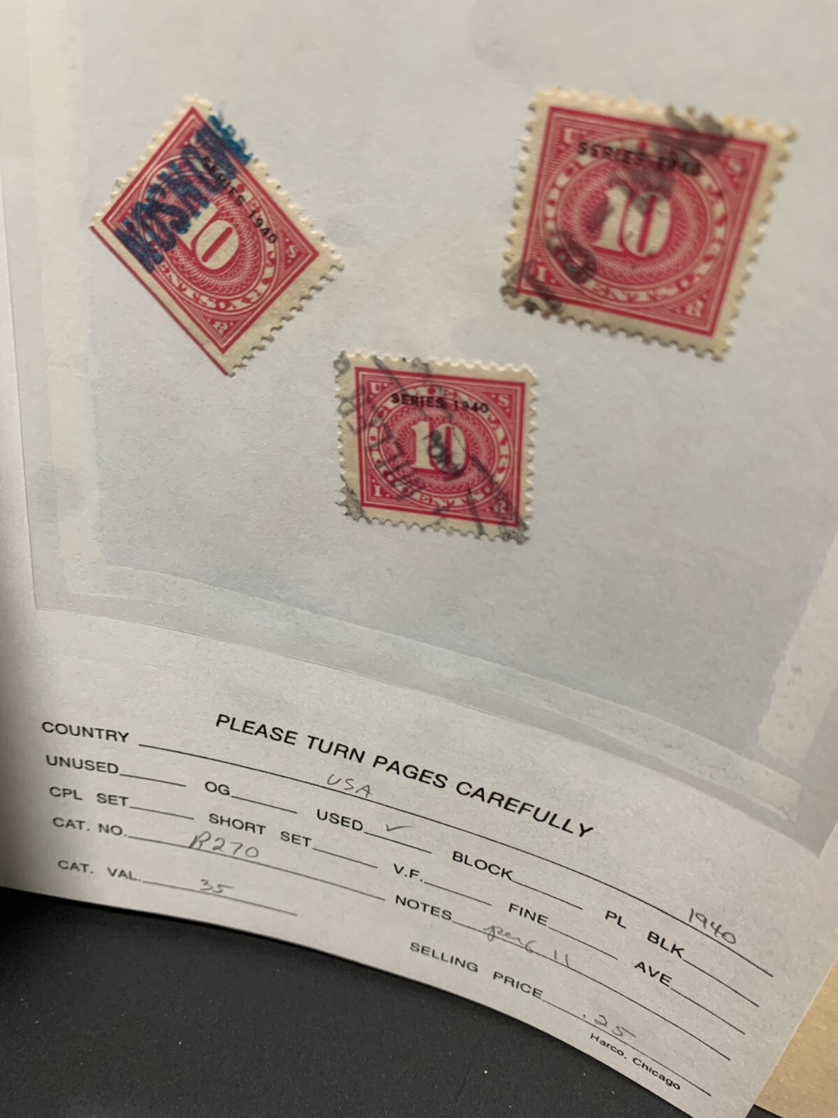 US Revenue 1940 (Scott R270) 10c carmine rose Documentary USED (3x)