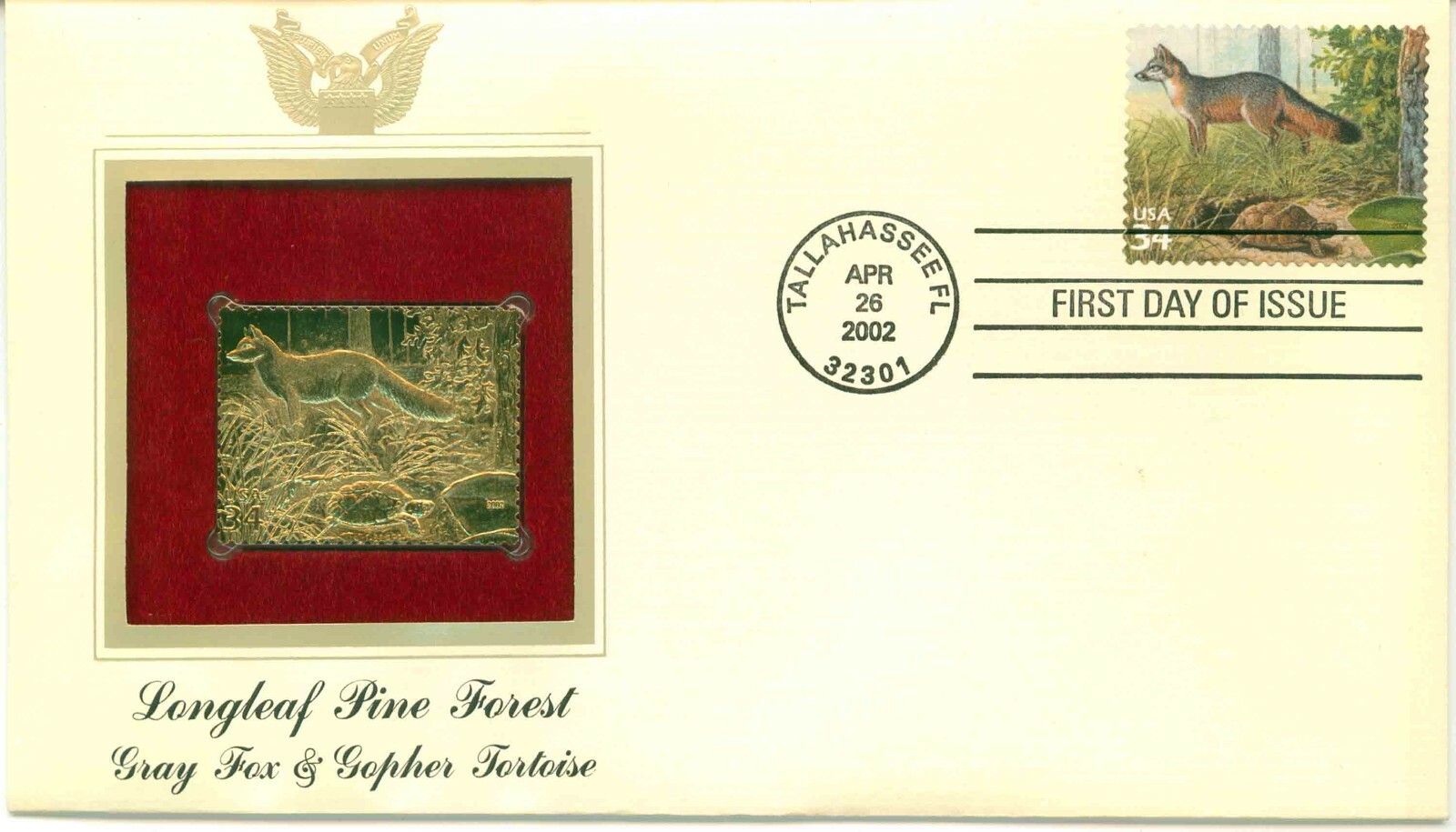 First Day Of Issue Apr 26 02 Tallahassee FL 22kt Gold Replica Fox & Tortoise