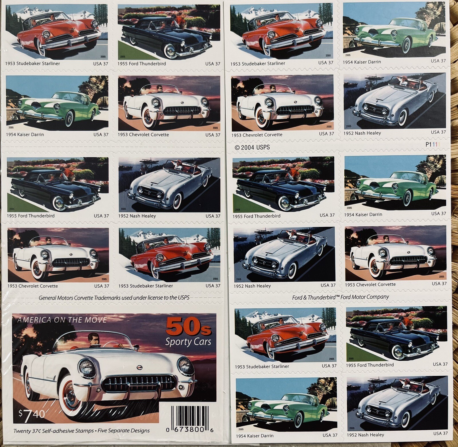 2005 US AMERICA ON THE MOVE 50’s SPORT CARS 2 PANES /BOOKLETS OF 20 STAMPS 37c