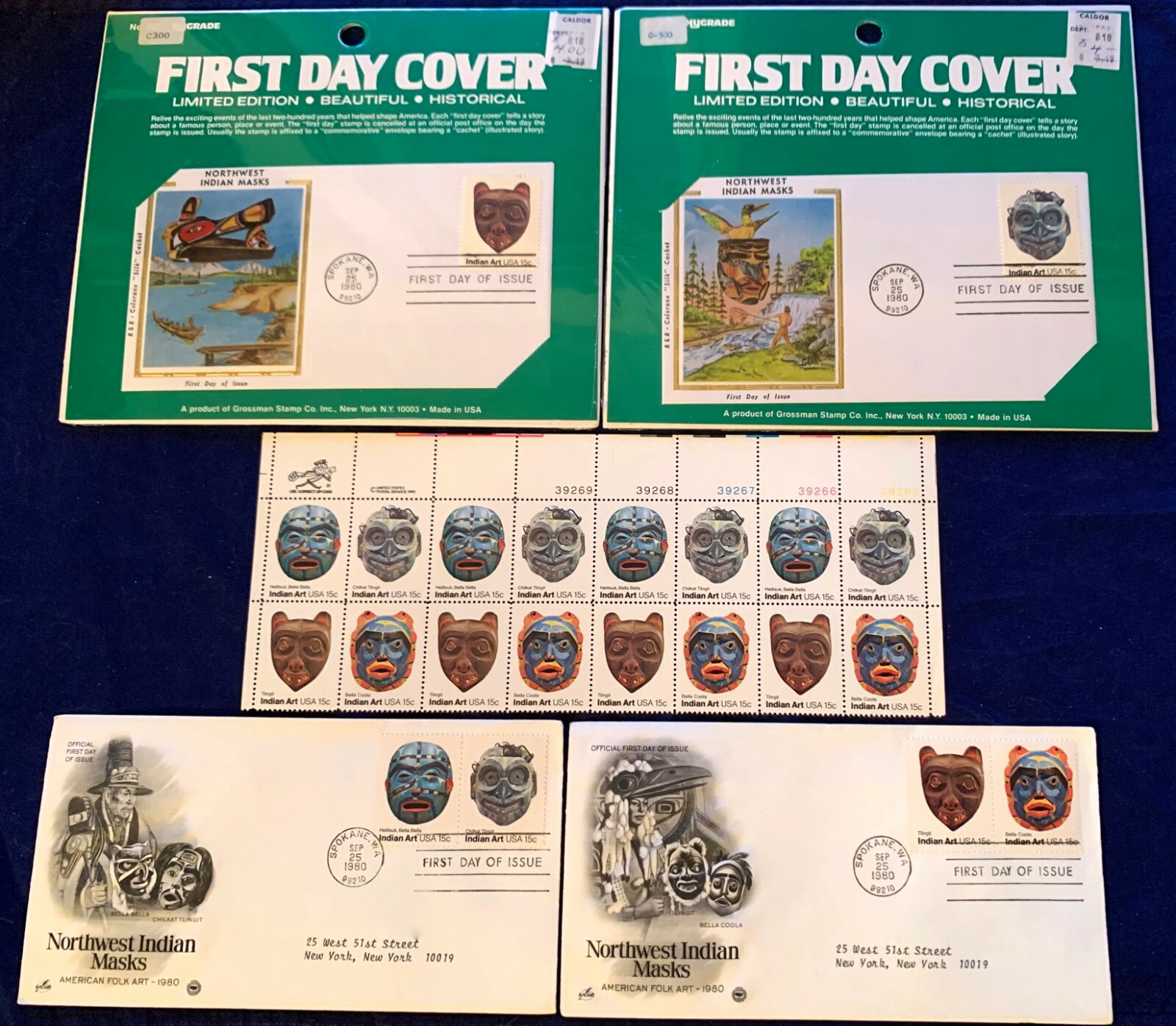 SC #1834-37 NW INDIAN ART MASKS 1980 PB STRIP of 16 STAMPS 15¢ FV + 4 FDC ~ MNH