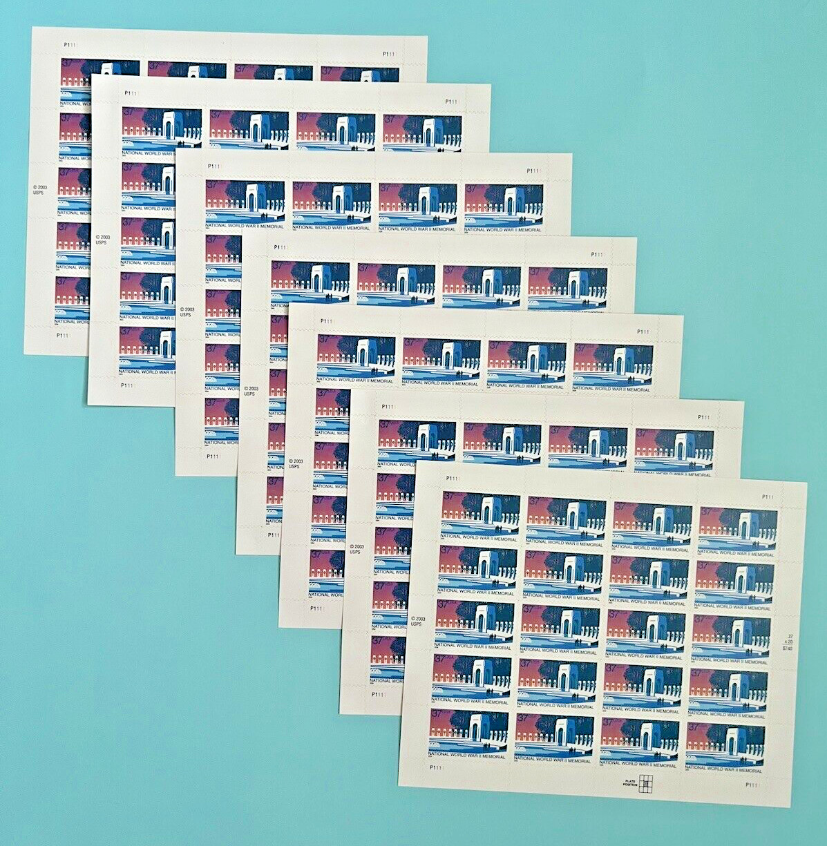 #3862 | 7 SHEETS OF 20 = 140 STAMPS | NATIONAL WORLD WAR II MEMORIAL 37¢ FV51.80