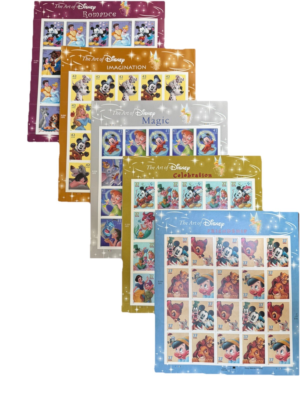 THE ART OF DISNEY Complete Set of 5 Differnt Full Sheets of 20 US Stamps 2004-08