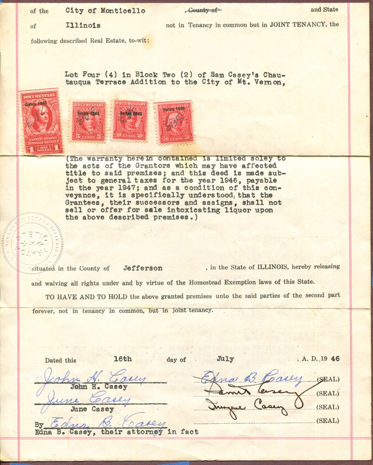 (4) 1945-6 MT VERNON ILL RARE SIGNATURES, DOCUMENTS & US INTERNAL REVENUE STAMPS