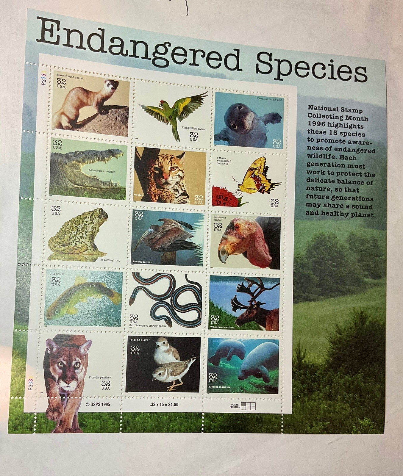 US Postage STAMPS 1996 15 Diff. ENDANGERED SPECIES. 32c 15 stamps MNH #3105