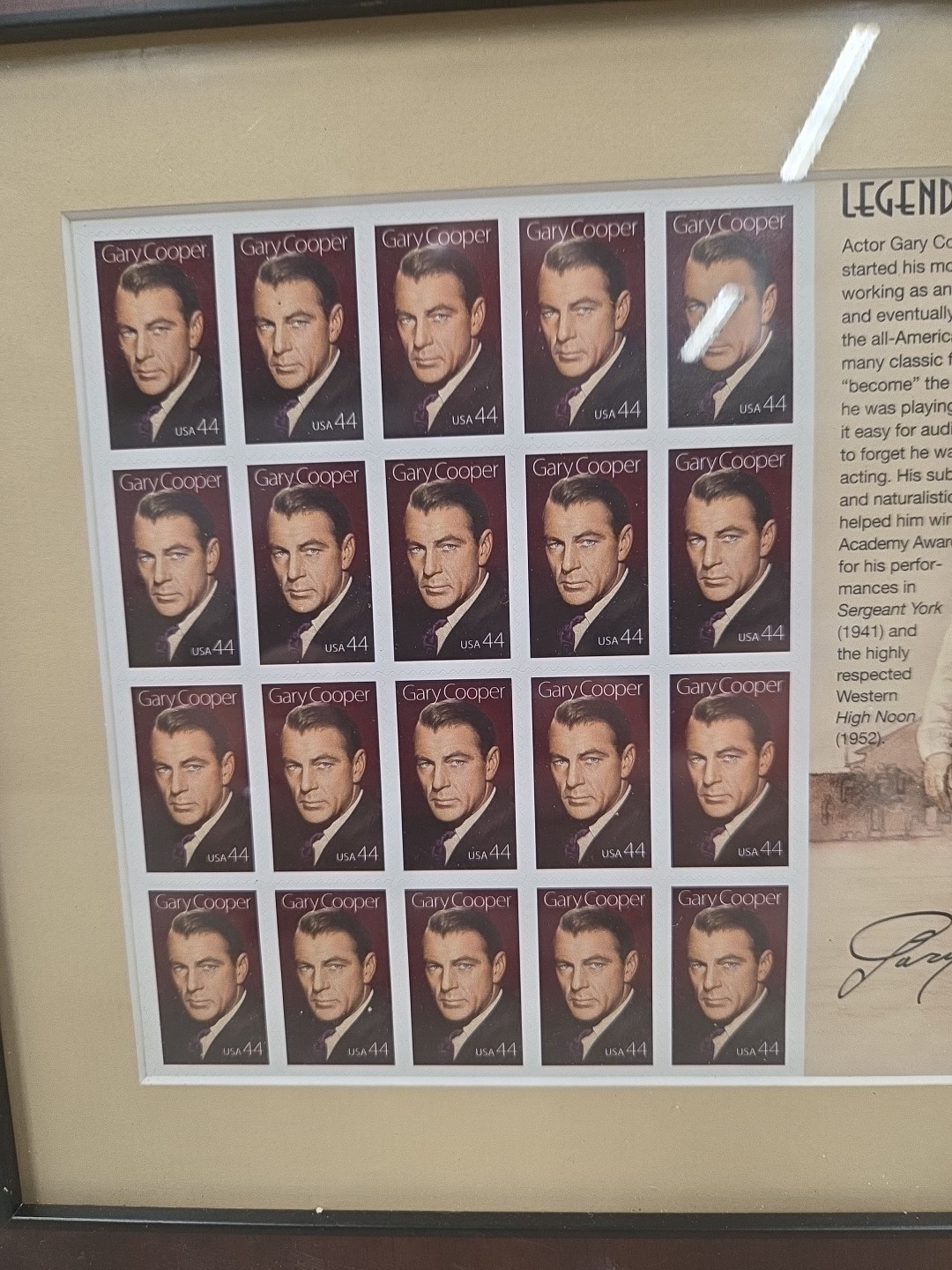 Legends of Hollywood Gary Cooper USA 44 Postal Stamps 2008 44c Framed & Matted