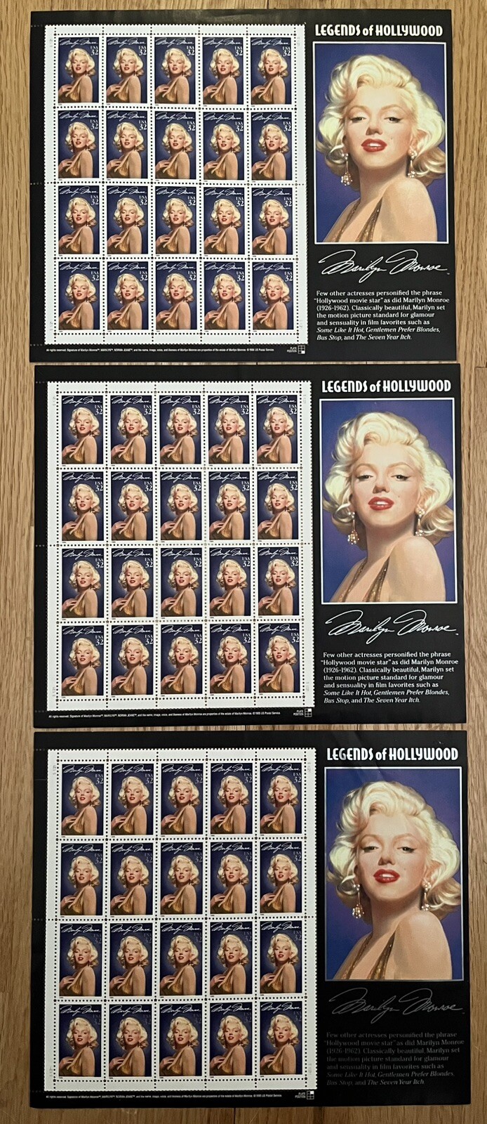 LOT OF 3~VINTAGE 1995~US SCOTT 2967 SHEET OF 20 MARILYN MONROE 32 CENT STAMPS