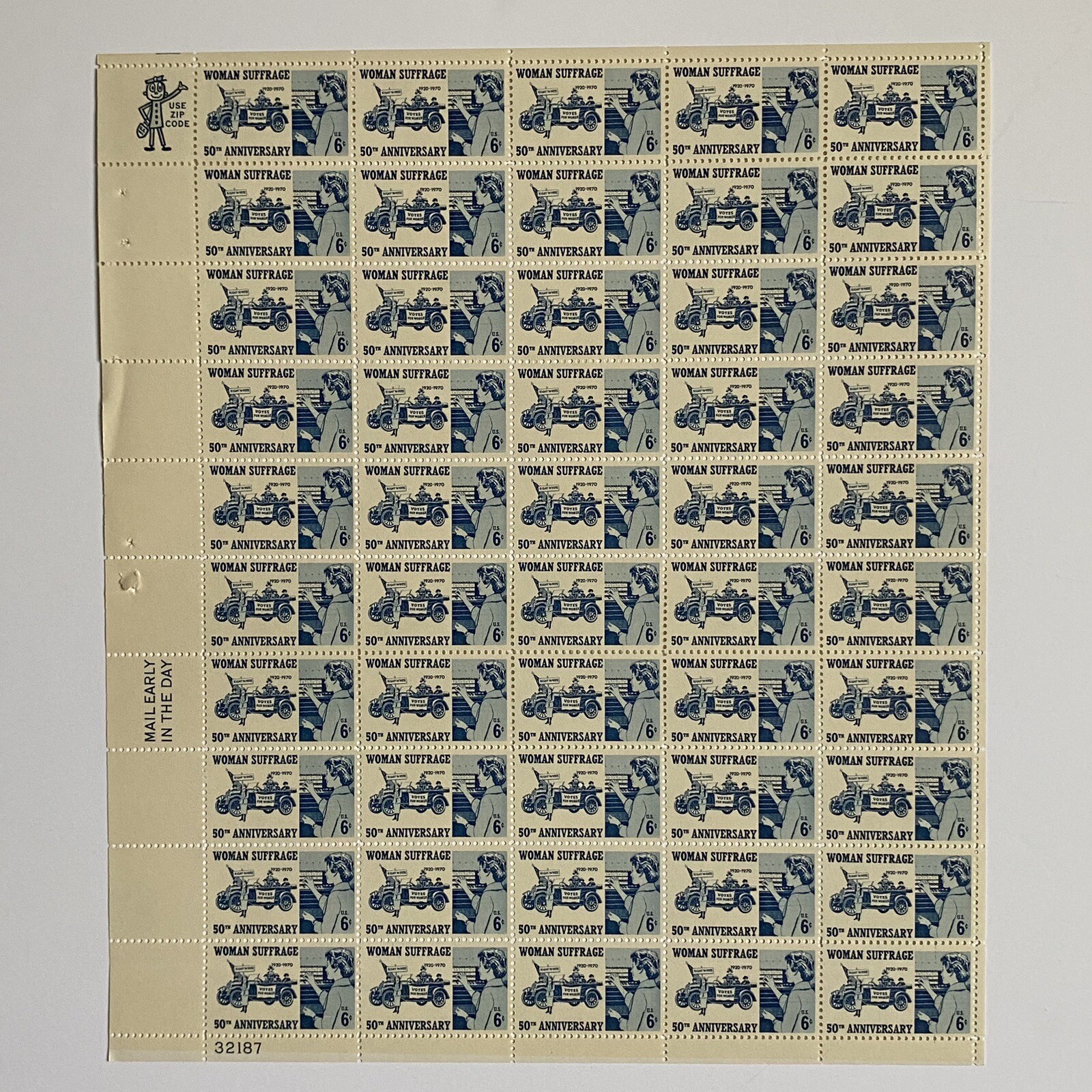 Woman Suffrage Sheet of 50 1970 6 Cent Stamps Scott #1406 MNH Blue White Vote