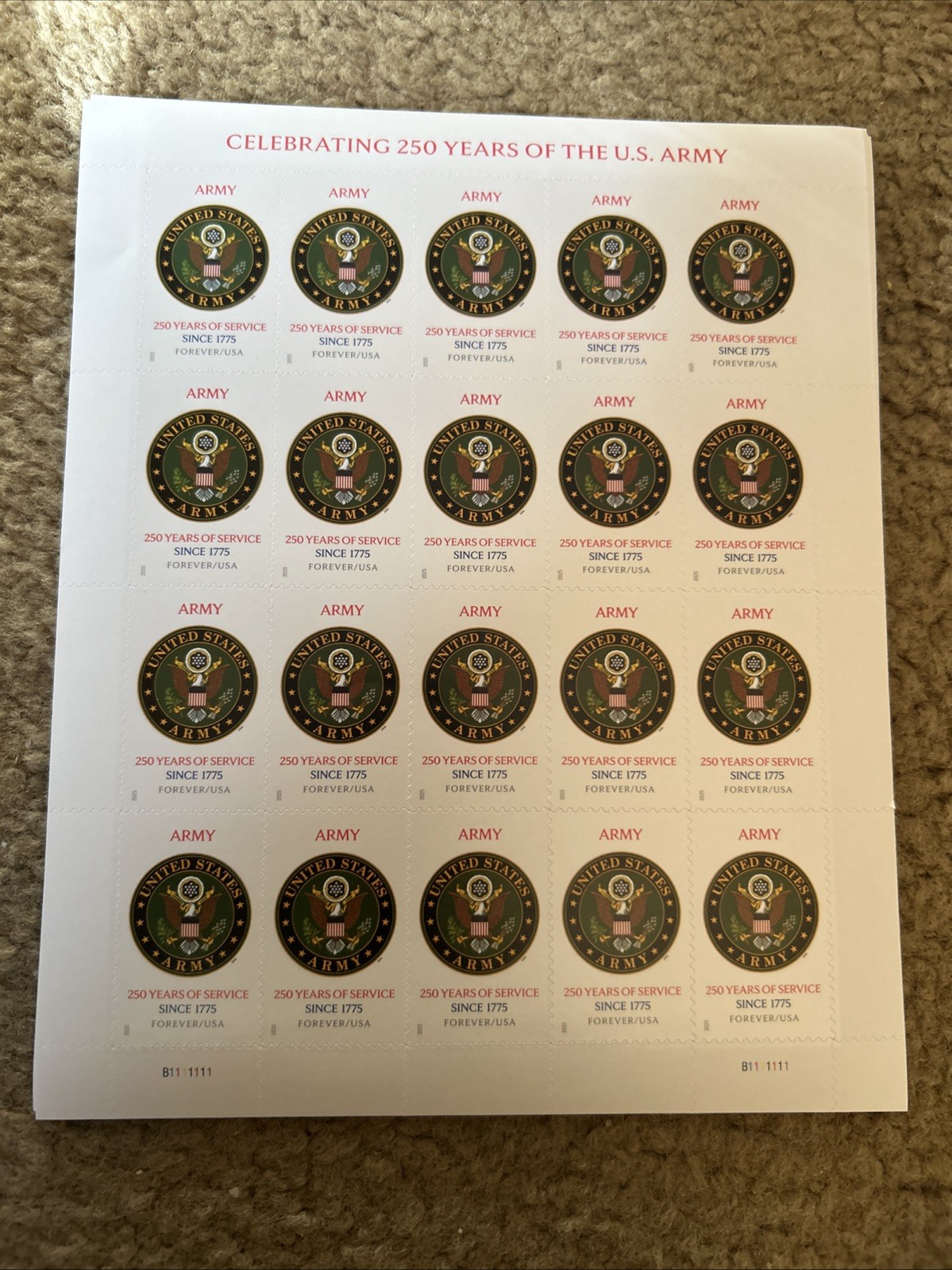 20 USPS Forever Stamps 250th Birthday Army FV $15.60 USA