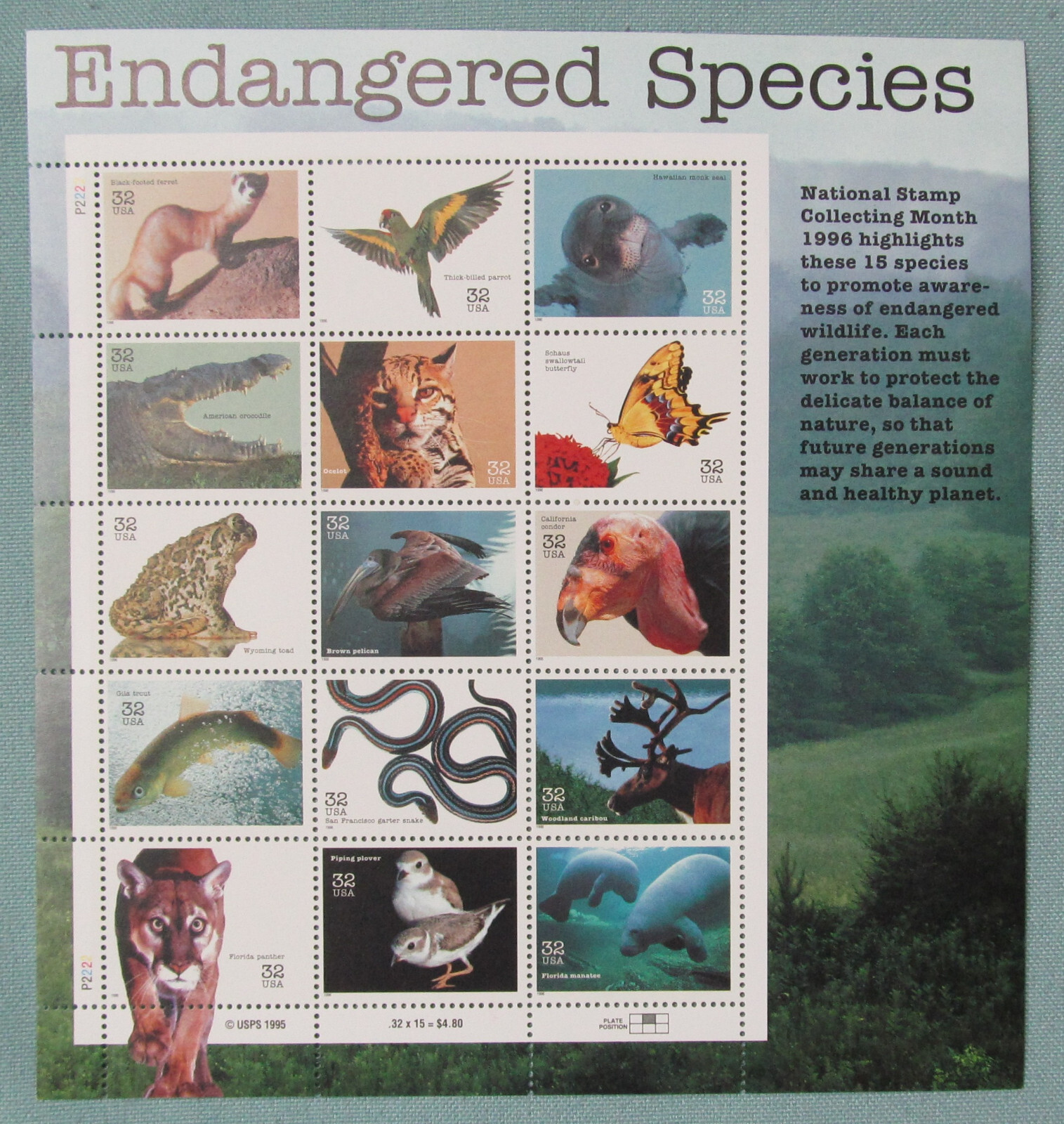 Five Souvenir Sheets x 15 = 75 Of ENDANGERED SPECIES 32¢ US Stamps USA Sc # 3105