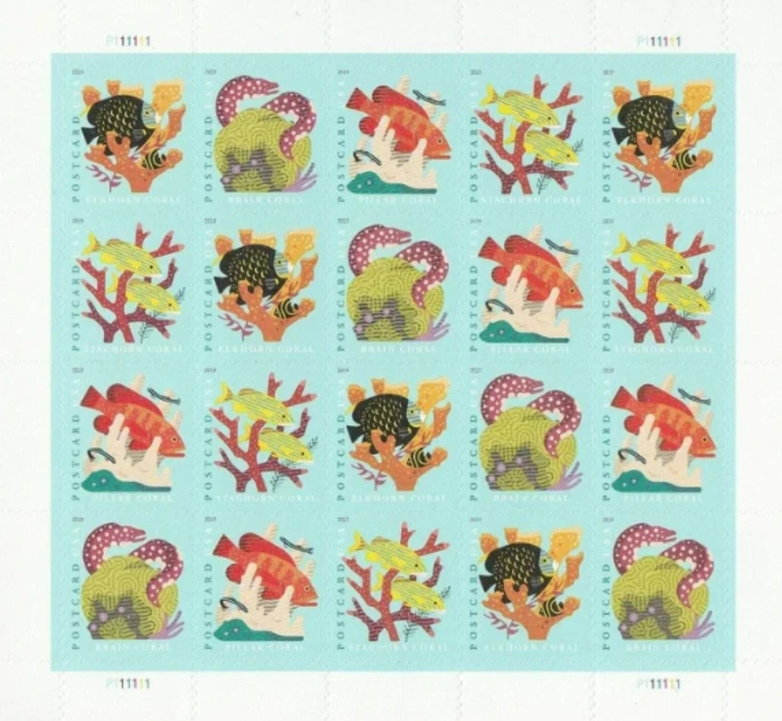 USPS Coral Reefs &Fish Postcard 2019 Forever Postage Stamps -Sheet of 100 Postag