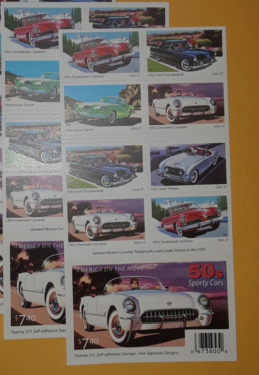 TWO (2) Booklets x 20 = 40 of 50’s SPORTY CARS 37¢ US Postage Stamp Sc 3931-3935