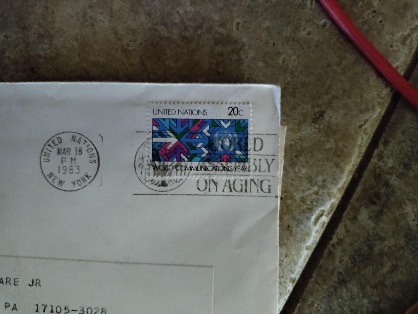 Vintage 1983 United Nations Postal Adim. Envelope & World Communications Stamp