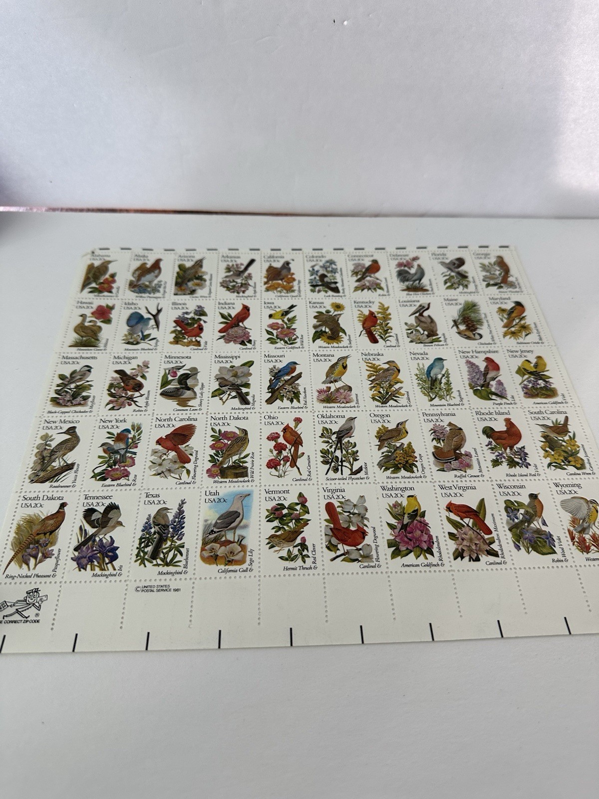 Full sheet 20 cent state bird stamps With Folder