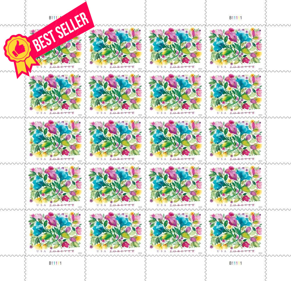 United States Postal 20 Stamps, red, yellow, purple, pink, green, blue
