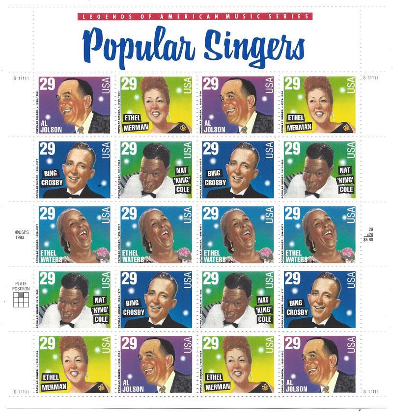 US SCOTT 2849 – 53 PANE OF 20 POPULAR SINGERS STAMPS 29 CENT FACE MNH