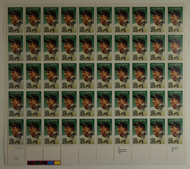 US SCOTT 2417 PANE OF 50 LOU GEHRIG 25 CENT FACE MNH