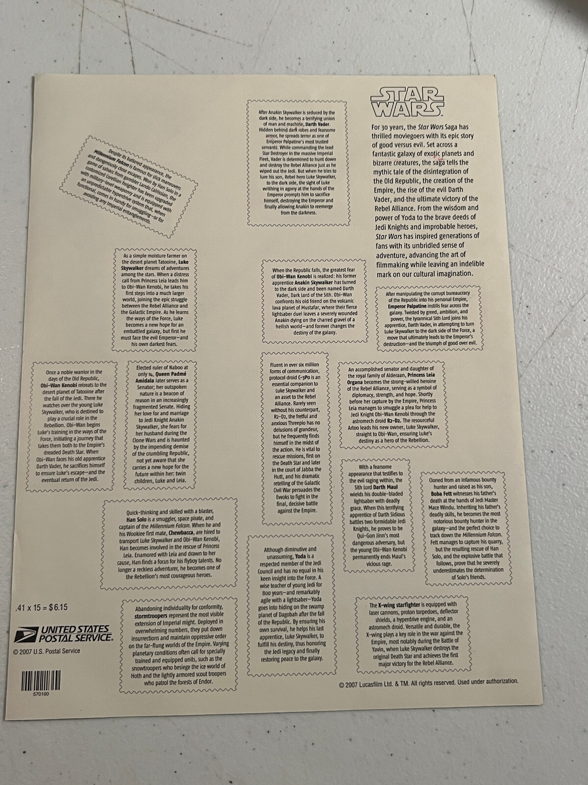 One sheet of STAR WARS Character Anniversary Set US # 4143 & One of YODA # 4205