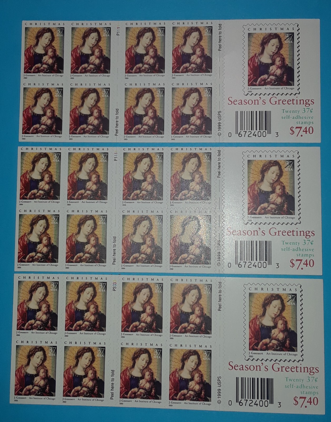 Three Booklets x 20 = 60 of MADONNA & CHILD by Gossaert 37¢ US Stamps. Sc 3820a