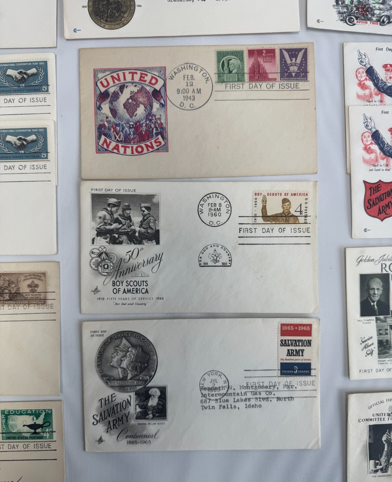 Vintage US First Day Covers FDC Lot Boy Scouts UN Rotary Salvation Army