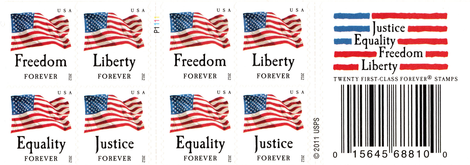 USA 2012 JUSTICE,EQUALITY,FREEDOM,LIBERTY FLAG 20 STAMP BOOKLET,SC 4641-4644 MNH