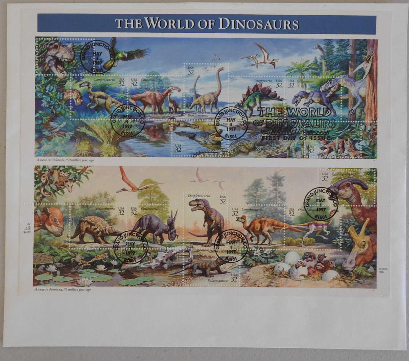 The World of Dinosaurs 32 Cents First Day of Issue Pane of 15 Stamps x 2