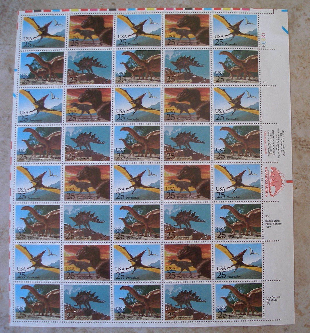 STAMPS FULL SHEET # 2422-2425 DINOSAURS Prehistoric Animals 25 cent