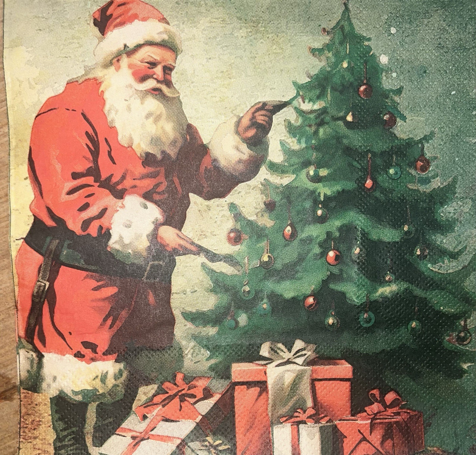 Three Paper Lunch Napkins Decoupage Christmas Vintage Santa Claus/trees 6.5”